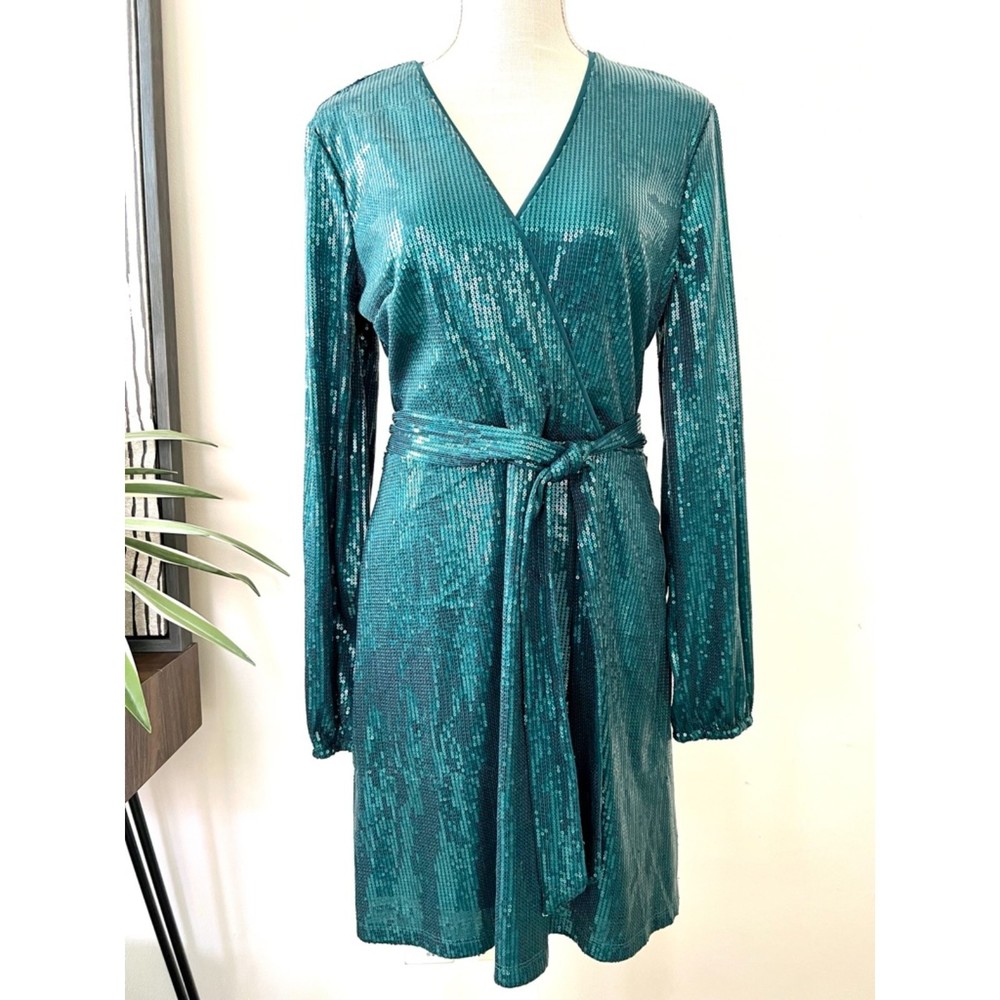 Cara Santana x Nine West Sequin Wrap Dress Emerald Size Med NWT